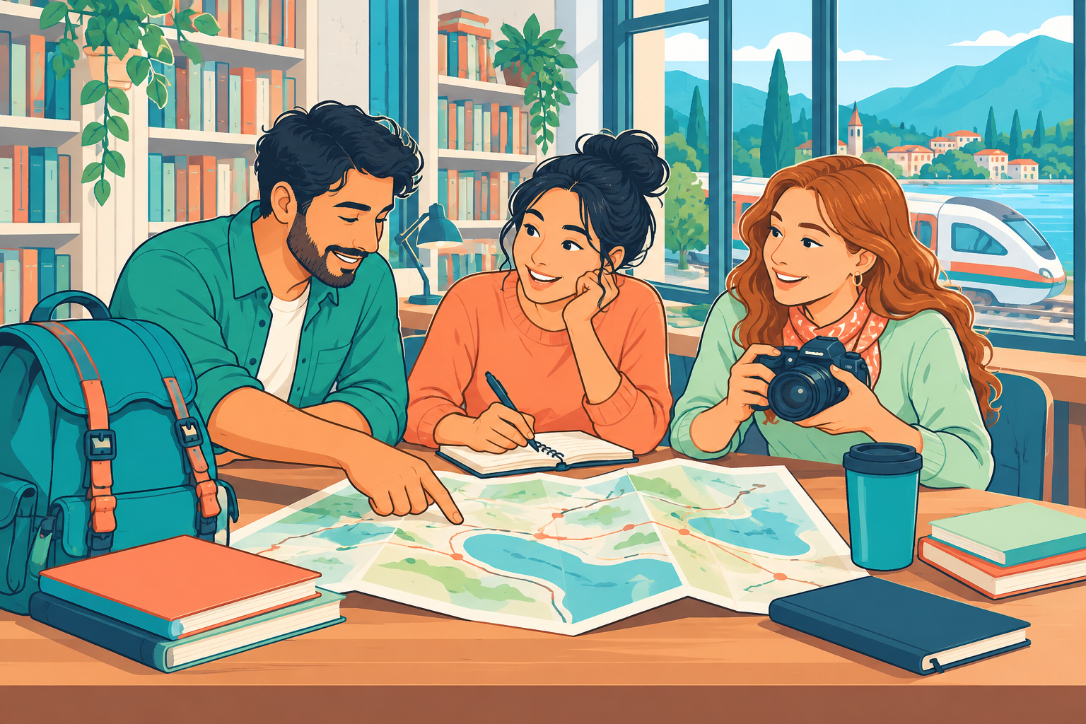 Estudiantes organizando un viaje juntos